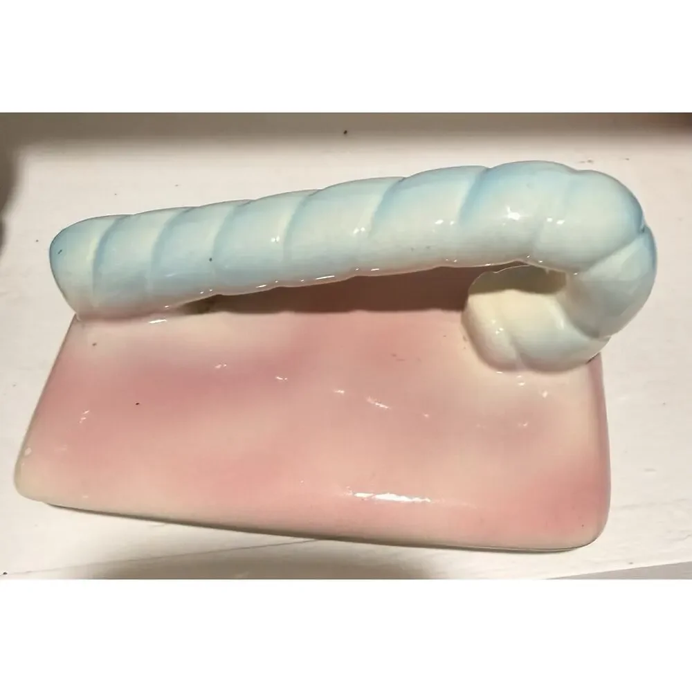 Vintage American Bisque Candy Cane Snowman Puppet Blue Pink Cookie Jar w/Lid